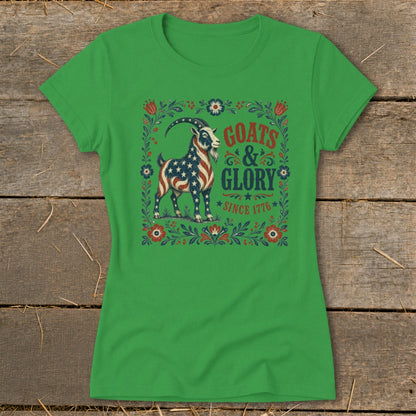 Green t-shirt with American flag goat and text "Goats & Glory Since 1776".