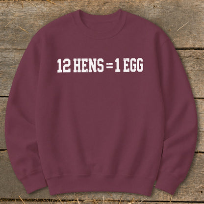 Maroon crewneck sweatshirt featuring distressed white text that reads 12 HENS = 1 EGG, laid flat on a rustic wooden surface.