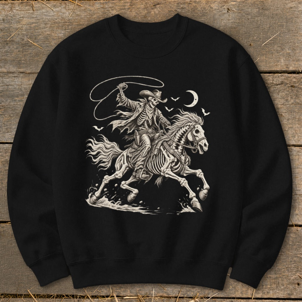 Skeleton cowboy on horseback with lasso under moonlit sky and bats.