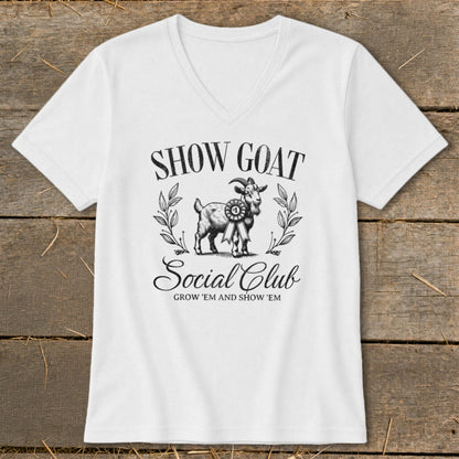 White t-shirt with "Show Goat Social Club" and a goat with ribbon graphic.