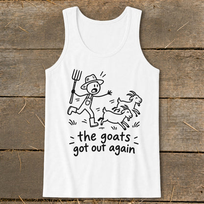 White tank top with black line drawing of a stick figure farmer chasing three goats with text.