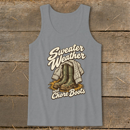 Graphic on a grey tank top with text "Sweater Weather and Chore Boots".