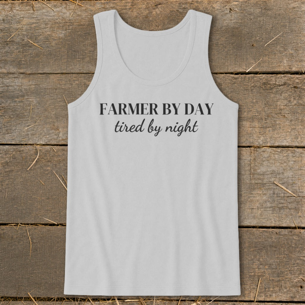 Grey tank top with "Farmer by day tired by night" text