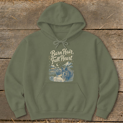 Olive green hoodie with "Barn Hair, Full Heart" text and horse graphic.