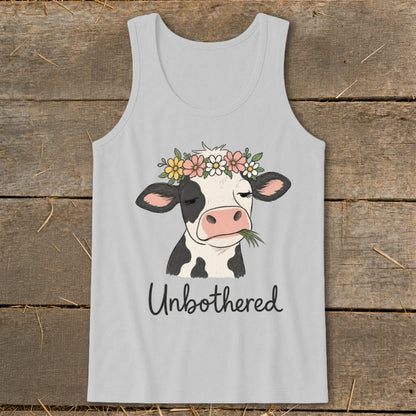 Cow wearing flower crown eating grass with "Unbothered" text.