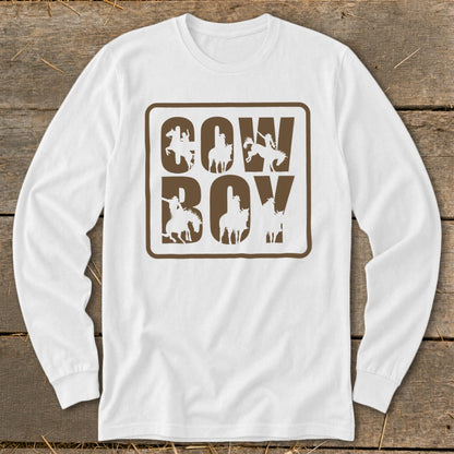 White long-sleeve shirt with "COW BOY" text made of cowboy silhouette graphics.