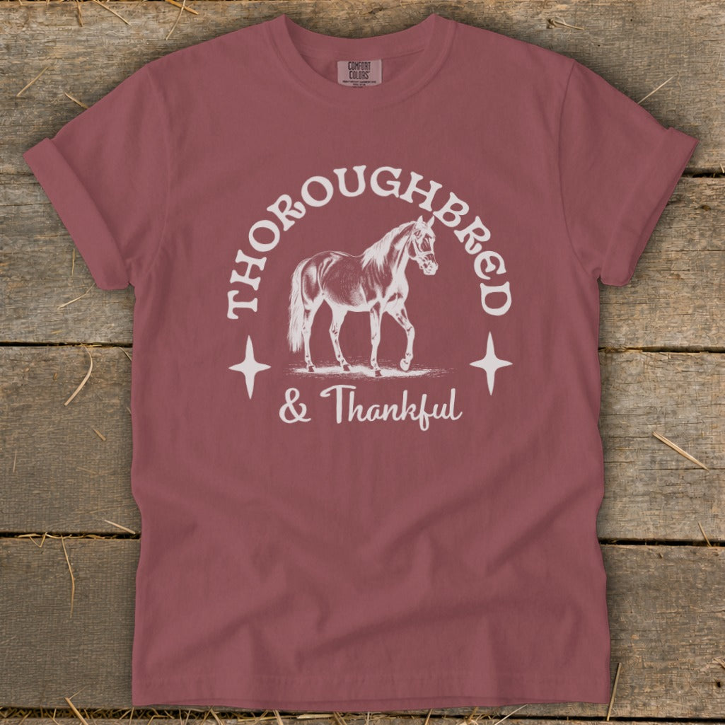 Maroon t-shirt with white graphic of a horse and text "THOROUGHBRED & Thankful".