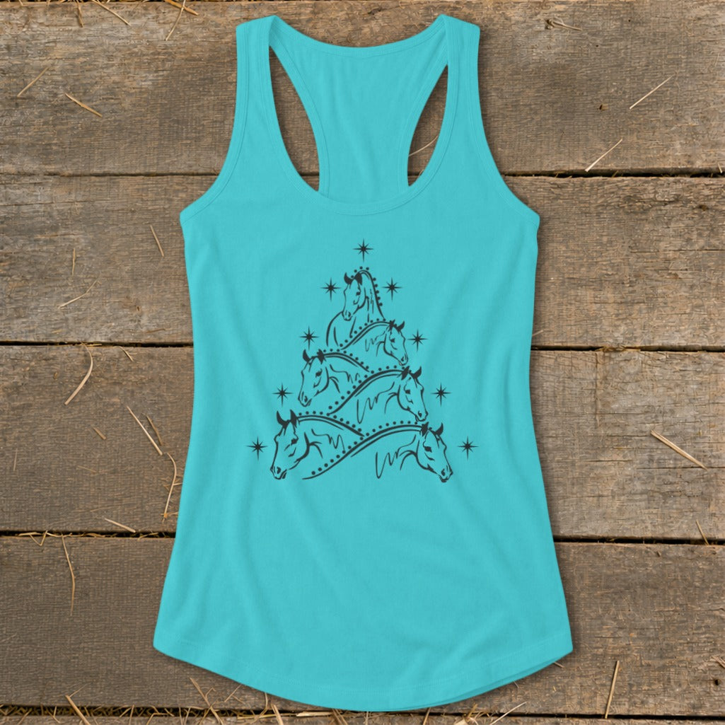 Turquoise tank top with black graphic of horses stacked like a Christmas tree.