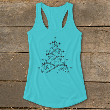 Turquoise tank top with black graphic of horses stacked like a Christmas tree.