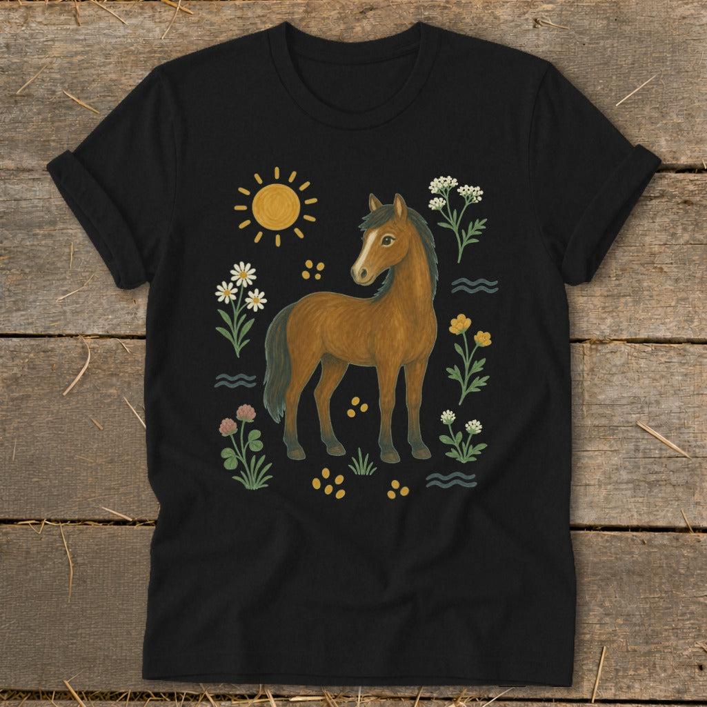 Black t-shirt with a brown horse, sun, and wildflowers design.