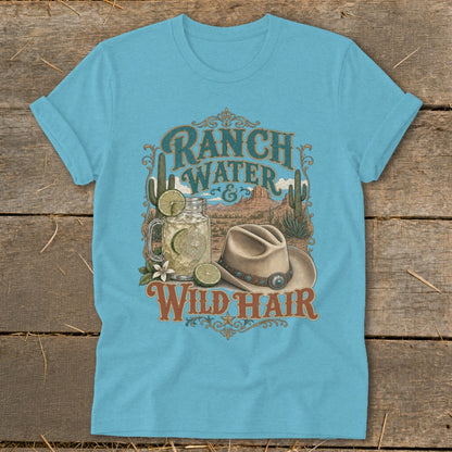 Light blue t-shirt with "Ranch Water & Wild Hair" text, drink, and cowboy hat graphic.