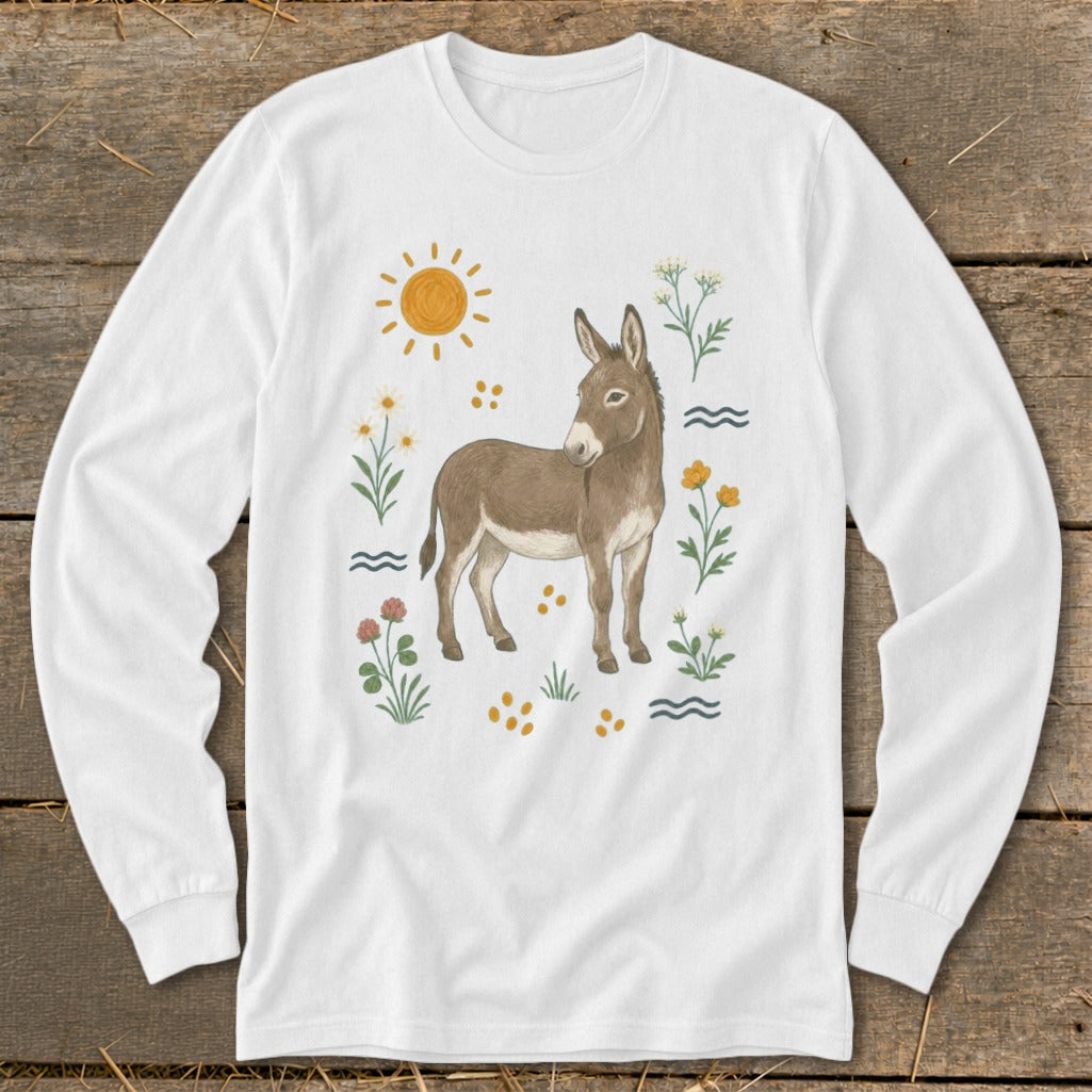 Long sleeve white t-shirt with a watercolor style donkey, sun, and flowers graphic.