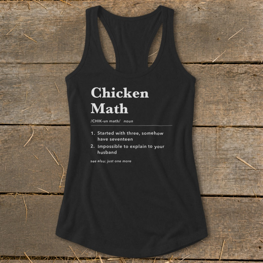 Black tank top with "Chicken Math" definition printed in white.