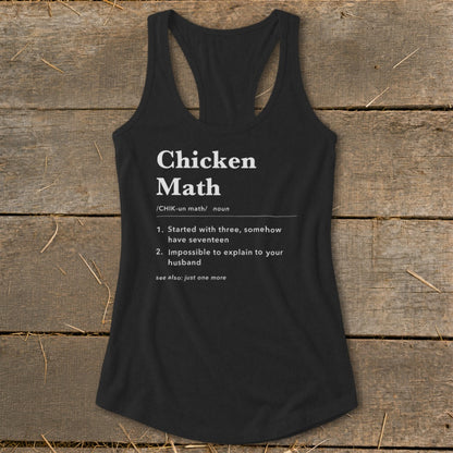 Black tank top with "Chicken Math" definition printed in white.