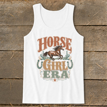 White tank top with "Horse Girly Era" text and running horse graphic.