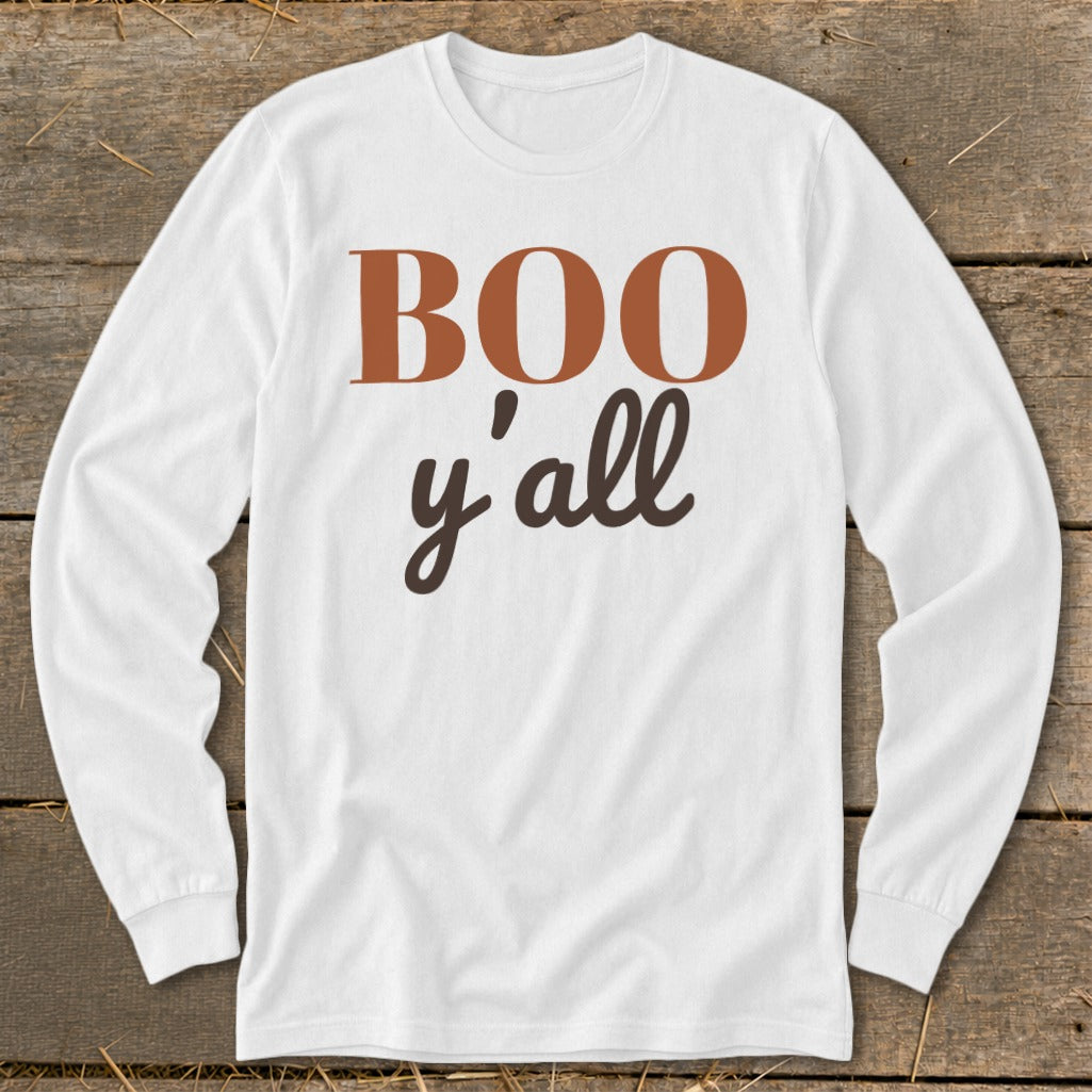 White long-sleeve shirt with "BOO y'all" text in brown and orange.