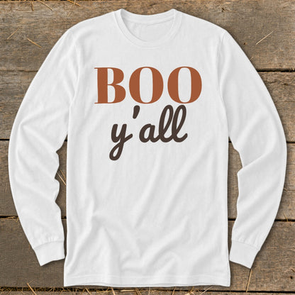 White long-sleeve shirt with "BOO y'all" text in brown and orange.