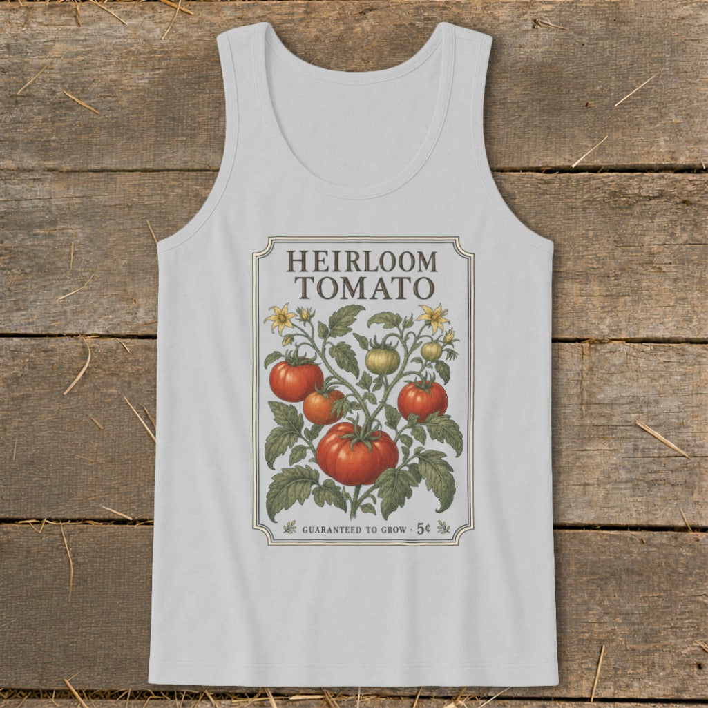 White tank top with "Heirloom Tomato" seed packet design.