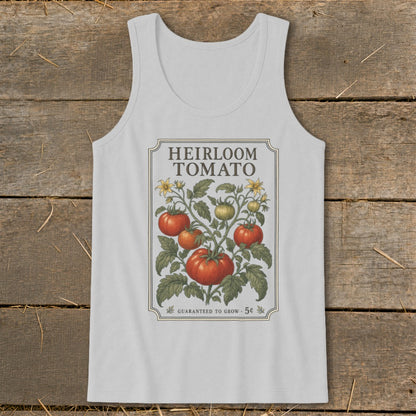 White tank top with "Heirloom Tomato" seed packet design.