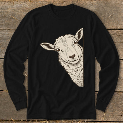 Black long-sleeve shirt with illustration of a sheep peeking around a corner.