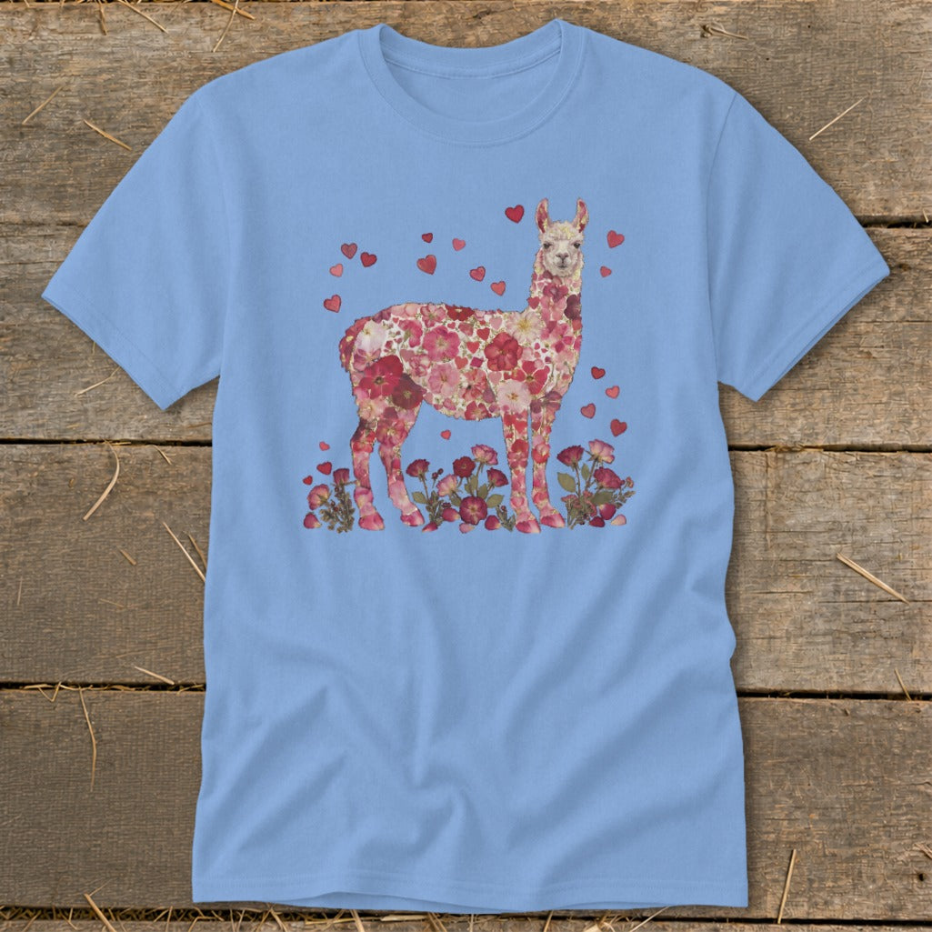 Light blue t-shirt with a floral llama and heart graphic.