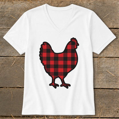 White v-neck t-shirt with a red and black buffalo plaid chicken graphic.