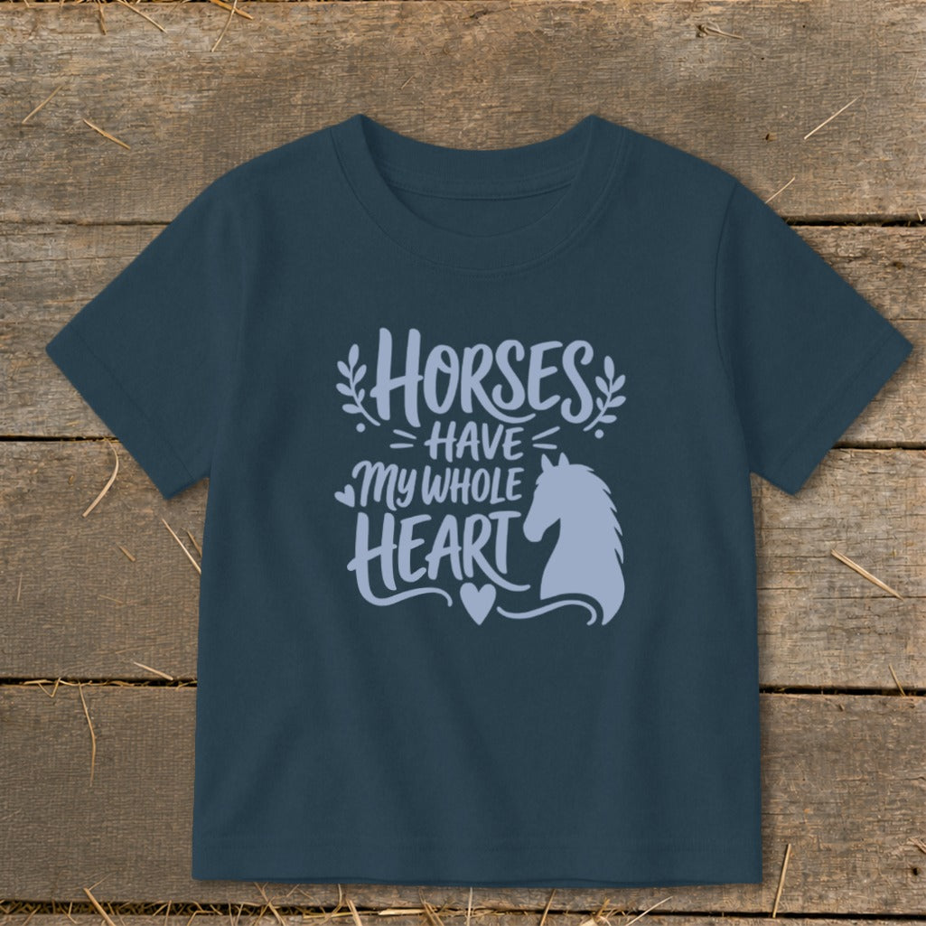 Blue t-shirt with "Horses Have My Whole Heart" text and horse silhouette.