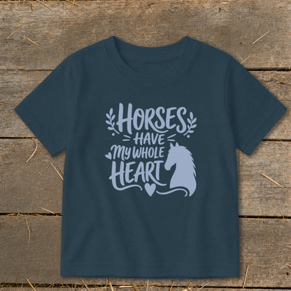 Blue t-shirt with "Horses Have My Whole Heart" text and horse silhouette.