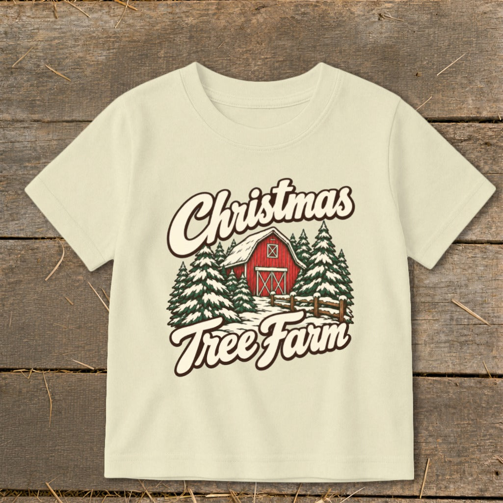 Cream t-shirt with "Christmas Tree Farm" text and barn graphic.