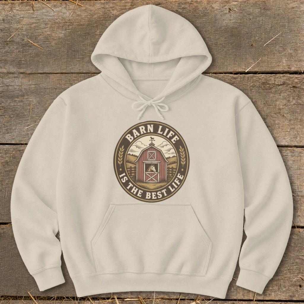Cream hoodie with circular barn life graphic.