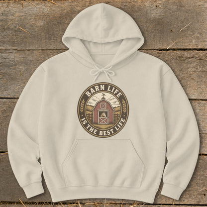 Cream hoodie with circular barn life graphic.