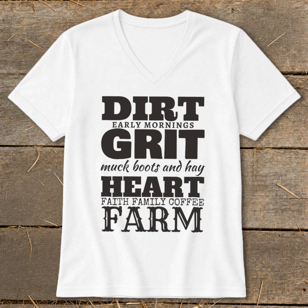 White t-shirt with text "Dirt, Grit, Heart, Farm" and accompanying phrases.