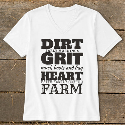 White t-shirt with text "Dirt, Grit, Heart, Farm" and accompanying phrases.