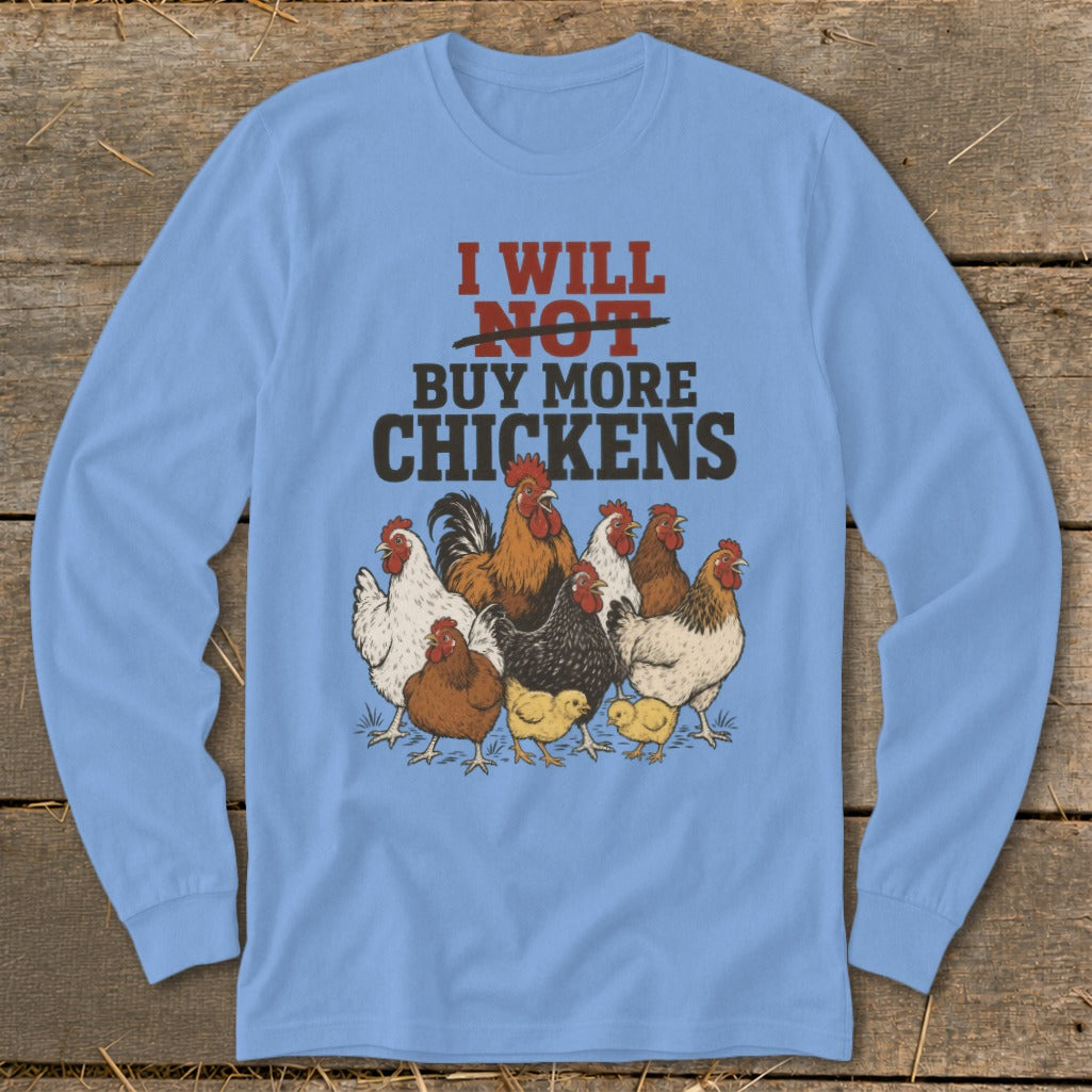 Light blue long-sleeve shirt with text and cartoon chickens.