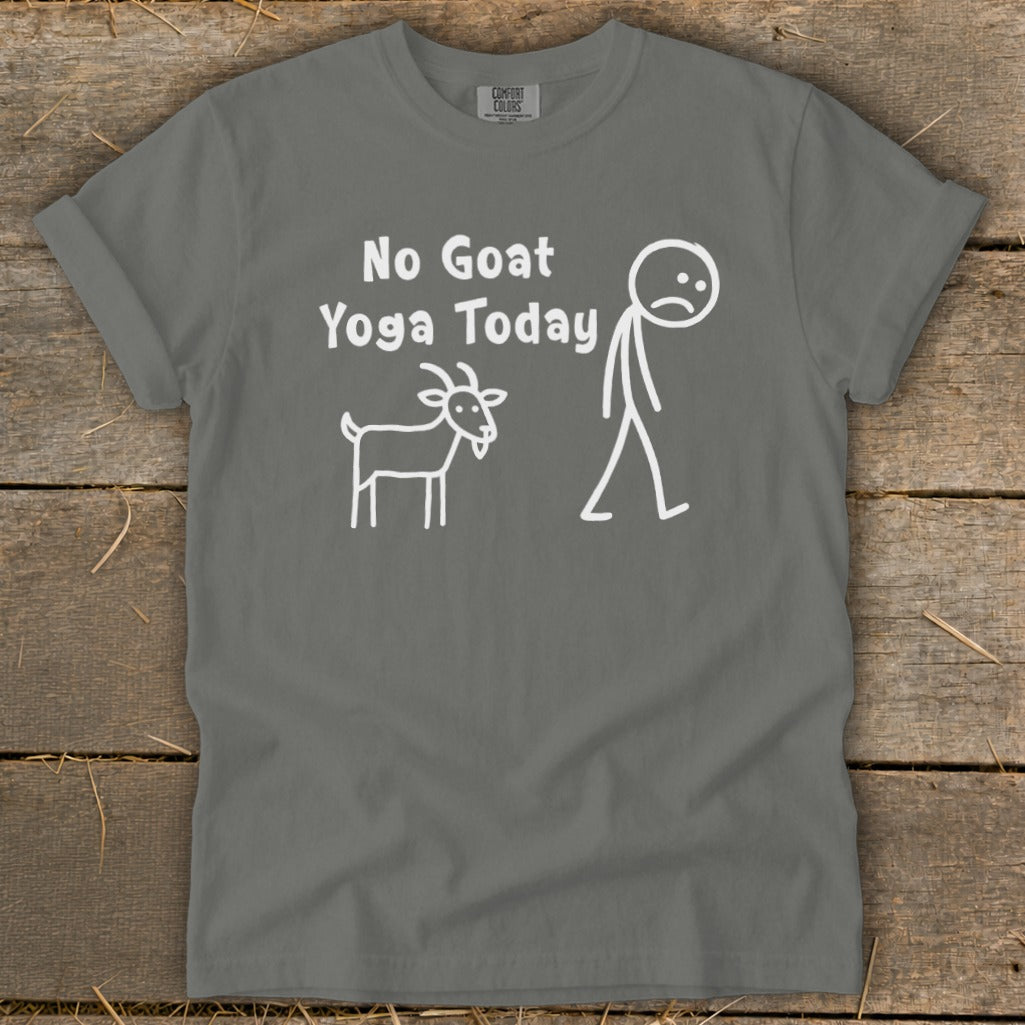 Gray t-shirt with white text and stick figures of a sad person and a goat.