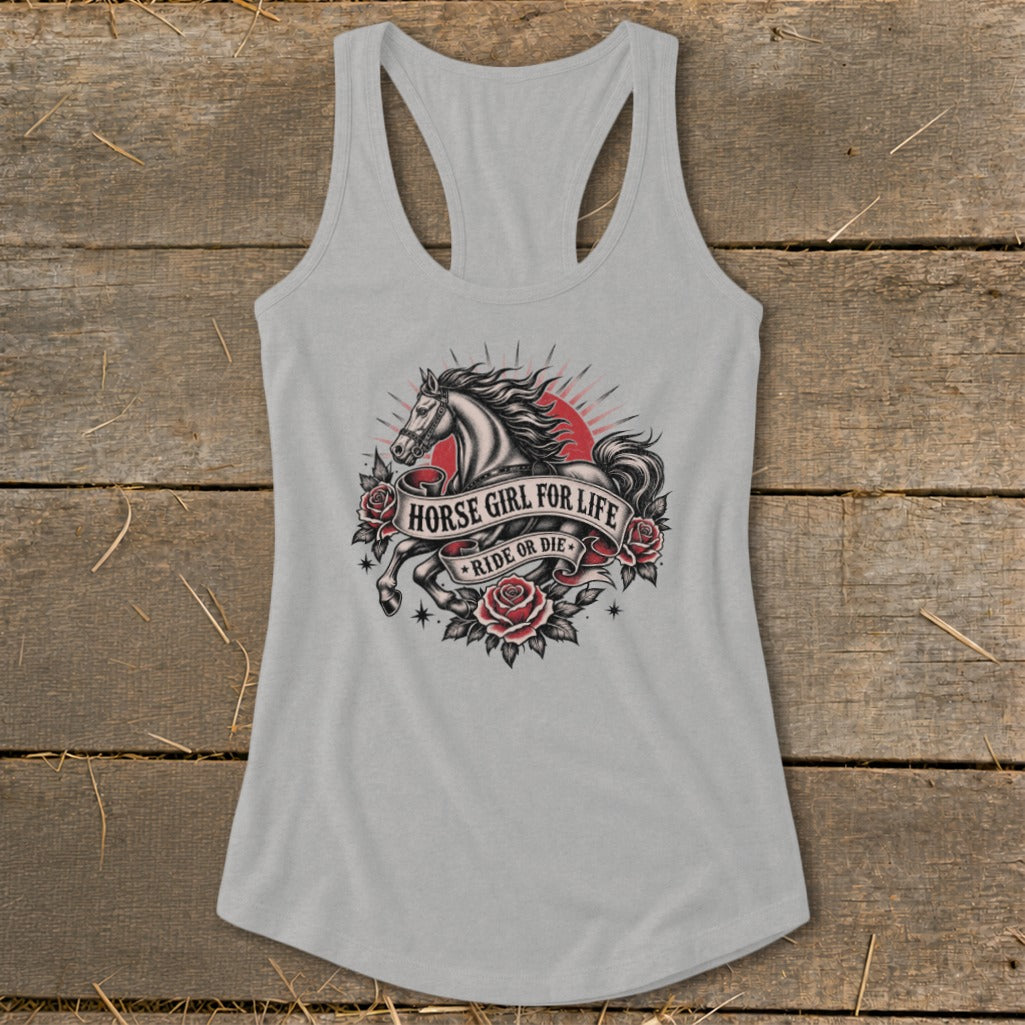 Gray tank top with horse graphic and text "Horse Girl for Life Ride or Die."