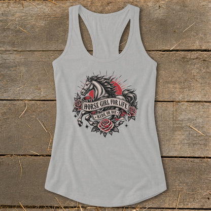Gray tank top with horse graphic and text "Horse Girl for Life Ride or Die."