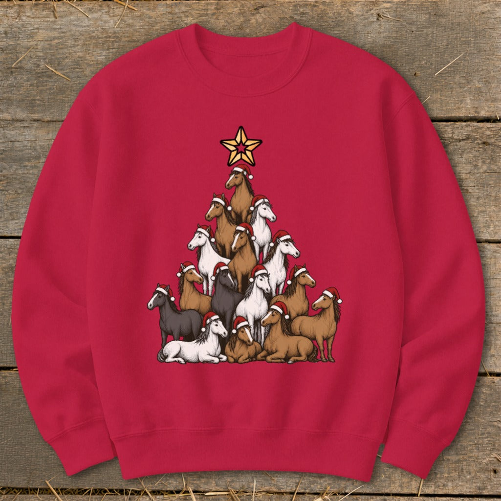 Horses arranged as a Christmas tree wearing Santa hats, topped with a star.