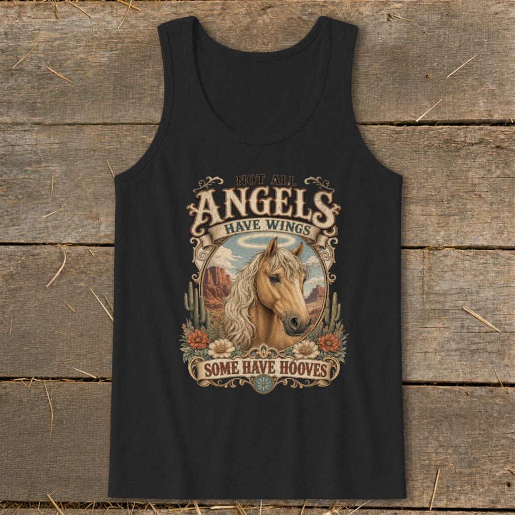 Black tank top with a horse and desert landscape graphic that reads "Not All Angels Have Wings Some Have Hooves".