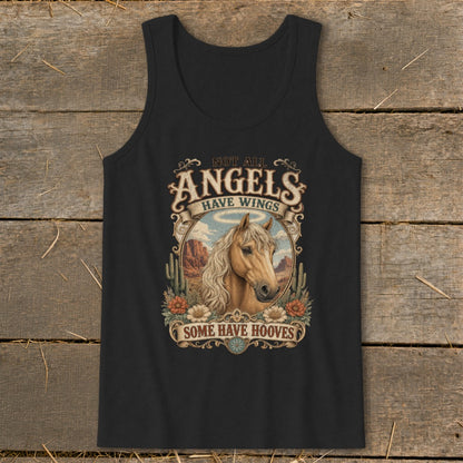 Black tank top with a horse and desert landscape graphic that reads "Not All Angels Have Wings Some Have Hooves".