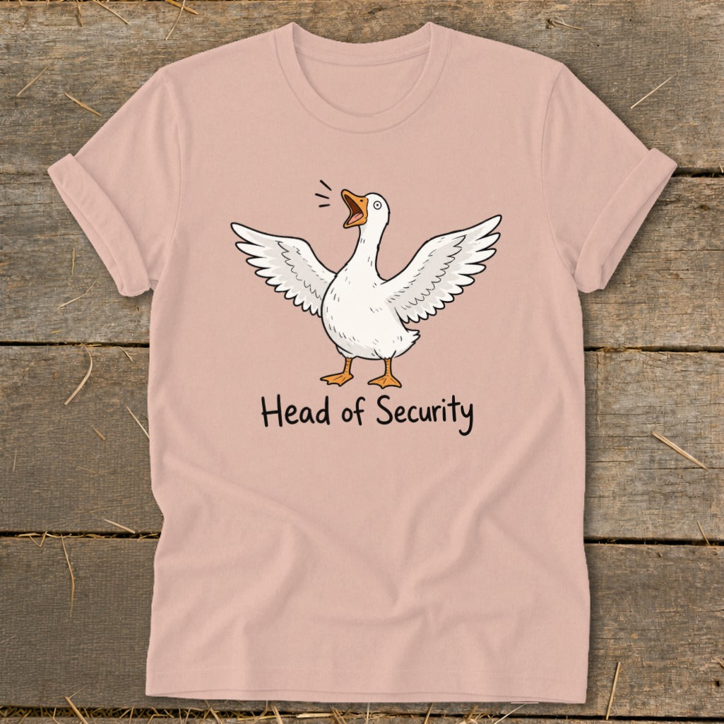 Light pink t-shirt with a white goose graphic and "Head of Security" text.