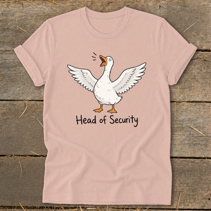 Light pink t-shirt with a white goose graphic and "Head of Security" text.