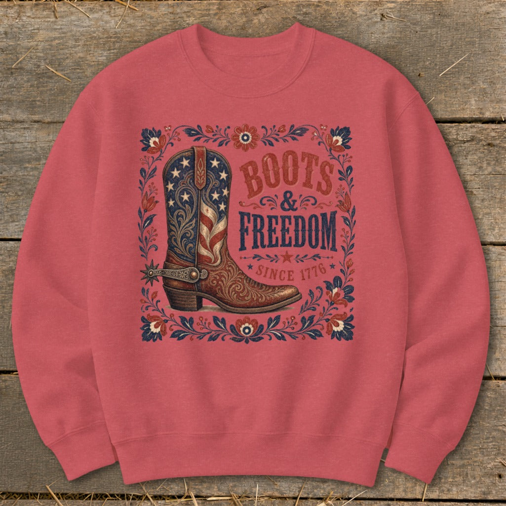 Crewneck sweatshirt with cowboy boot and text "Boots & Freedom Since 1776".