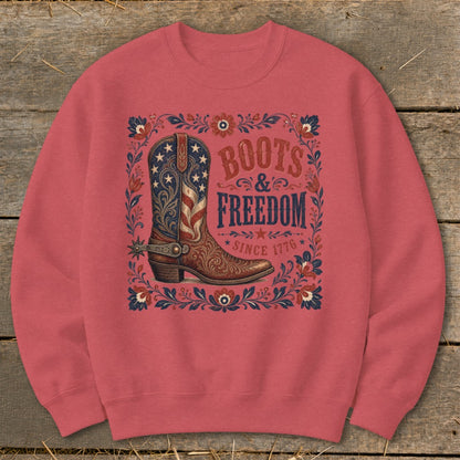 Crewneck sweatshirt with cowboy boot and text "Boots & Freedom Since 1776".