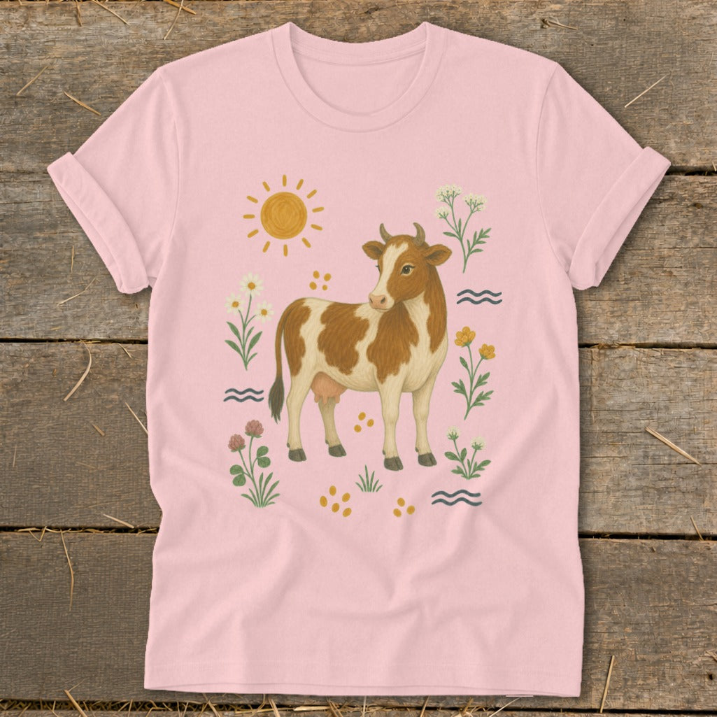Pink t-shirt with a brown and white cow illustration and floral accents.
