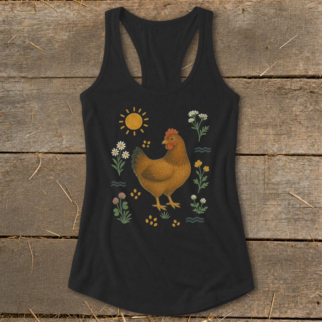 Black tank top with a hen, sun, and floral design.