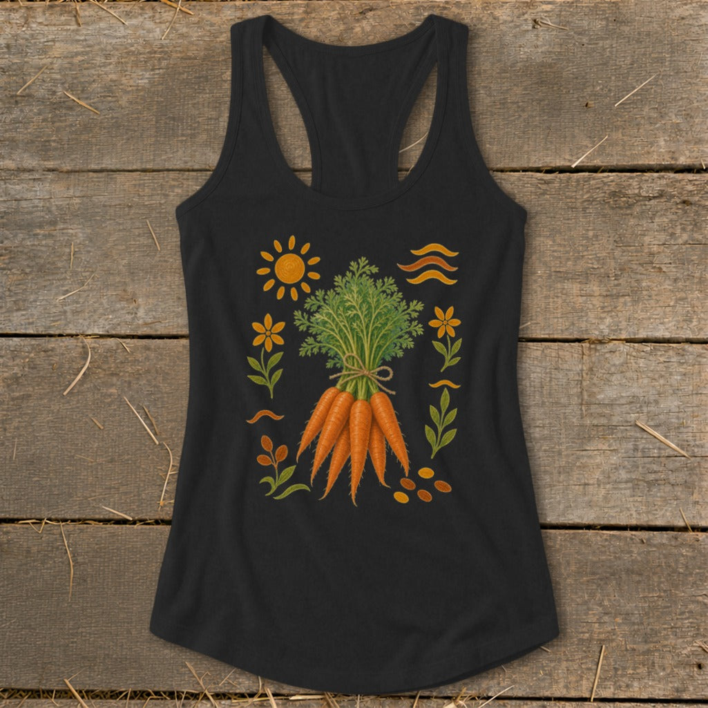 Black tank top with a graphic of a bunch of carrots surrounded by sun and floral elements.