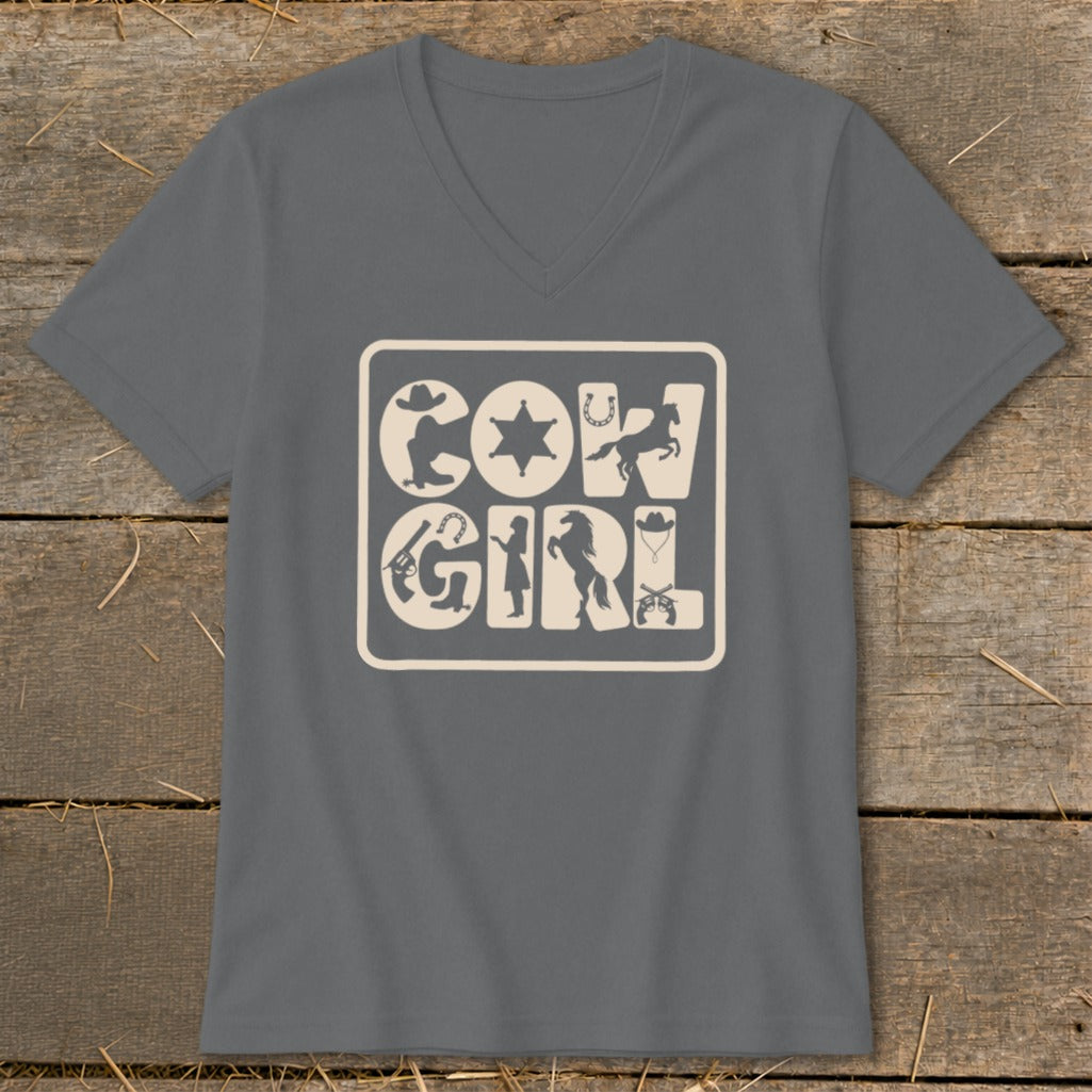 Grey v-neck t-shirt with "COW GIRL" text and western icons.