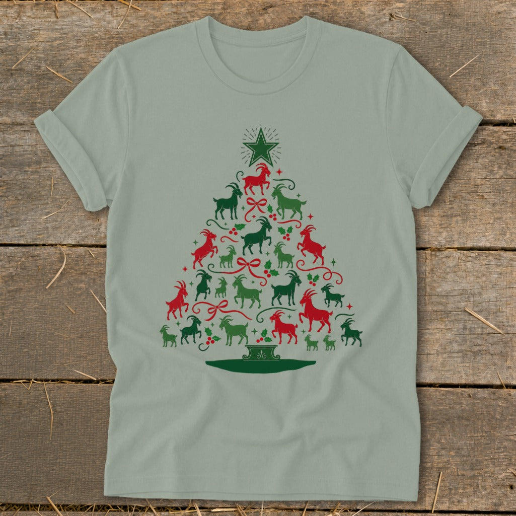 Light green t-shirt with a Christmas tree design made of red and green goats.