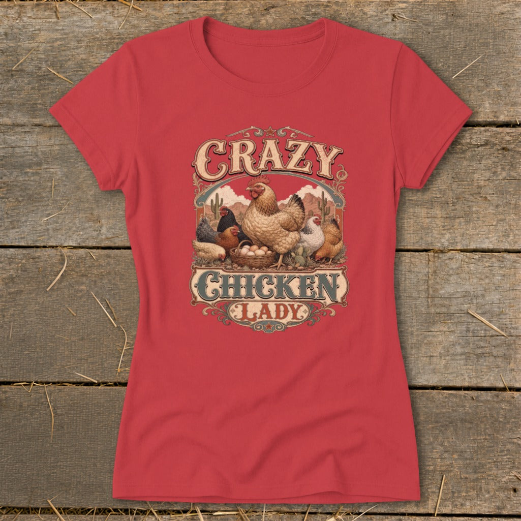 Red t-shirt with "Crazy Chicken Lady" text and farm chickens illustration.